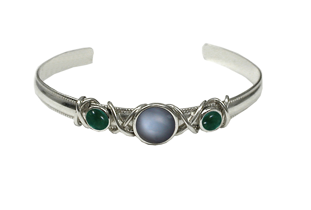 Sterling Silver Hand Made Cuff Bracelet With Grey Moonstone And Fluorite